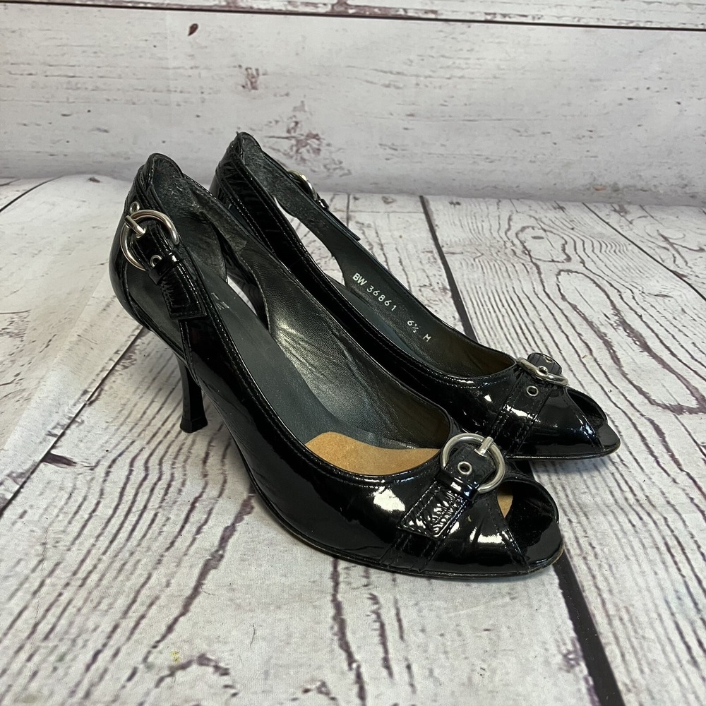 Stuart Weitzman Womens Pumps Size 6.5 Black Patent Leather Peep Toe Heels